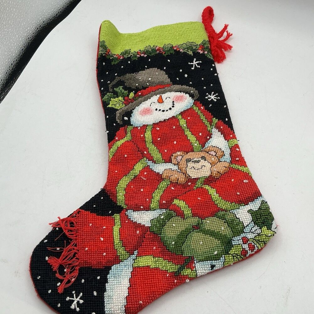 Handmade Needlepoint Christmas Stocking Snowman Teddy Bear 15” Red Felt Back